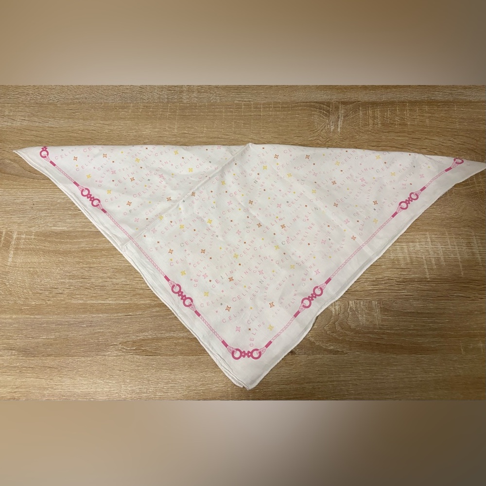 Celine Logo Scarf Pocket Square 18x18 Pink White Cotton Designer Luxury Gift - Picture 3 of 6